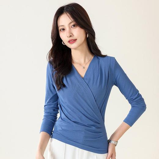 丁摩 桑蚕丝罗纹长袖T恤女交叉领打底衫JSY180065 商品图5