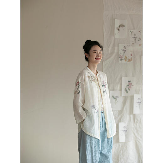 牧衣游原创 手工刺绣苎麻衬衫新款细腻轻薄百搭国画文艺衬衣 绿野 商品图3