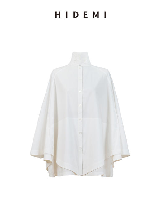 HIDEMI甄选长绒棉极简设计感飘领可立领斗篷式口袋8分袖衬衫上衣 商品图9
