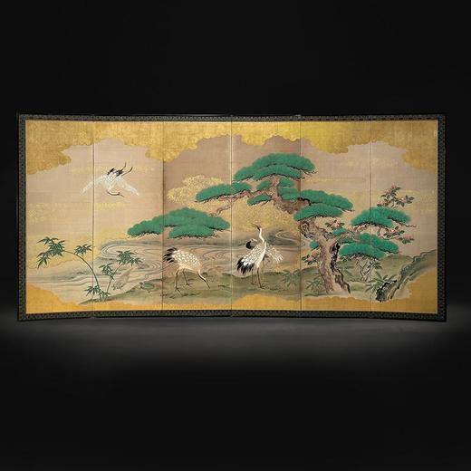 独角鹿西洋古董 19世纪日本江户时代出品「青松群鹤」主题金地纸本设色六曲屏风 商品图0