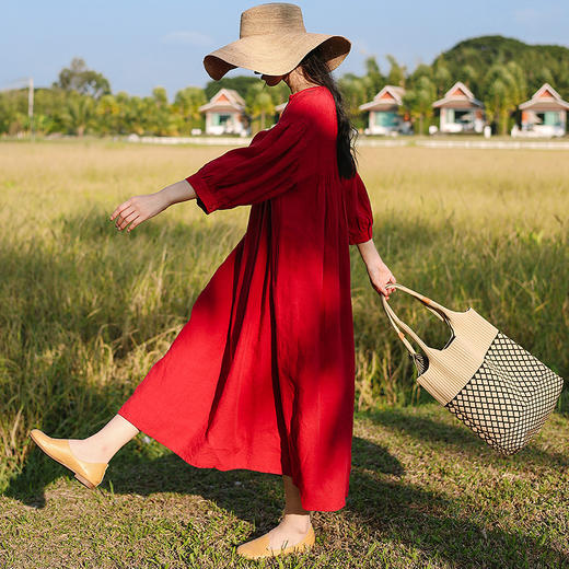 绽放101朵/红石榴连衣裙砂洗亚麻V领重工细塔克灯笼袖七分袖裙子 商品图1