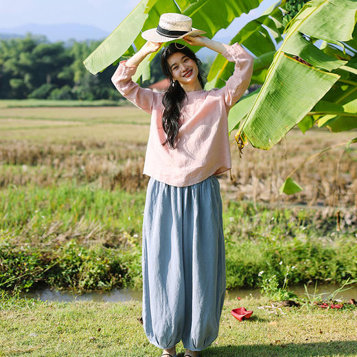 绽放086朵/情书小衫高支皱纹亚麻文艺小圆领上衣塔克长袖防晒T恤 商品图2