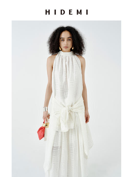 HIDEMI经典几何印花白色植绒复古剪刀领宽松衬衫背心百褶裙三件套 商品图5