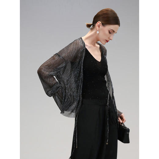 COCOBELLA银葱亮丝镂空微透视遮阳衫女通勤黑色小开衫LC606-2 商品图2