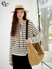 Even Vintage| 复古时髦条纹针织慵懒随性罗马领绑带镂空毛衣罩衫 商品缩略图0