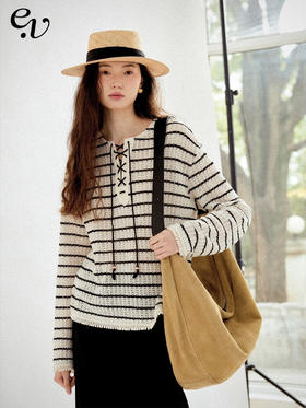 Even Vintage| 复古时髦条纹针织慵懒随性罗马领绑带镂空毛衣罩衫