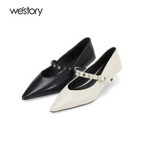 Westory2025年春季尖头铆钉猫跟V口玛丽珍浅口单鞋W25AE57991