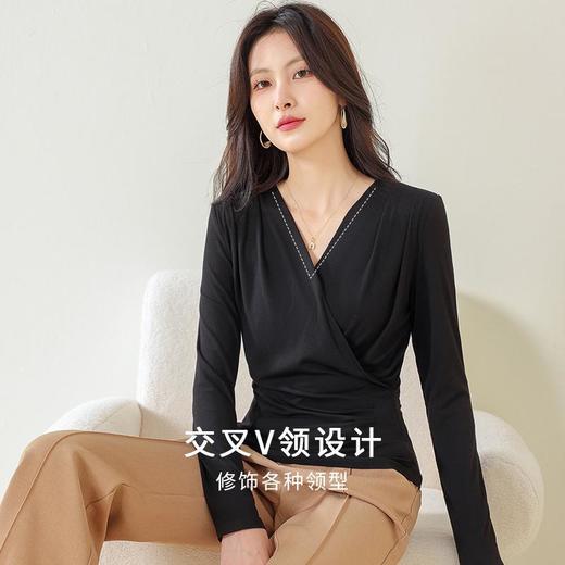 丁摩 桑蚕丝罗纹长袖T恤女交叉领打底衫JSY180065 商品图2
