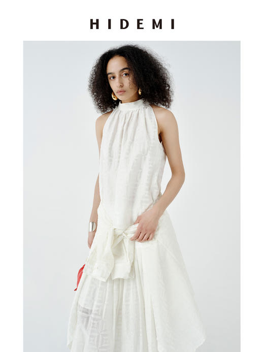 HIDEMI经典几何印花白色植绒复古剪刀领宽松衬衫背心百褶裙三件套 商品图6
