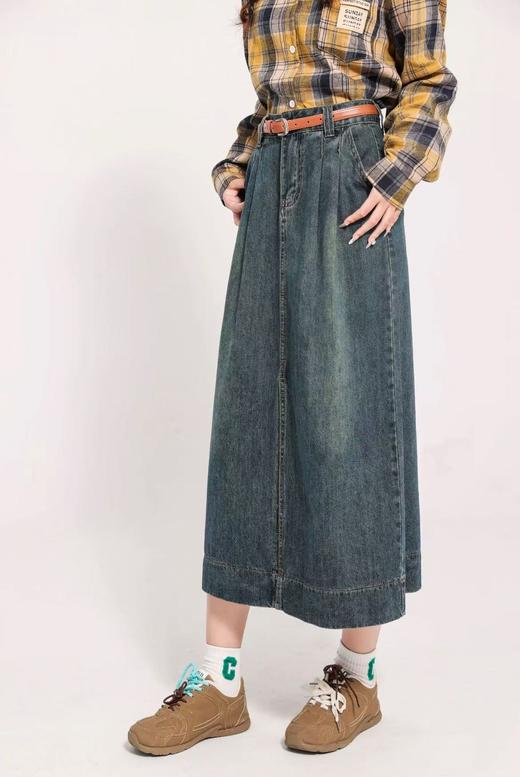 4.2特 爆款特卖～531褶皱设计高腰前开叉牛仔裙女中长裙半身裙-喜出 商品图0