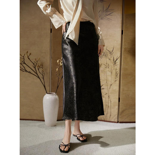 雀说 春秋新款复古仿香云纱龟裂纹醋酸新中式半身裙D330A 商品图2