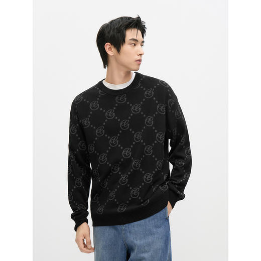 GXG男装 圆领套头老花针织衫黑色毛衣2024年冬季热卖#G24D204027 商品图2