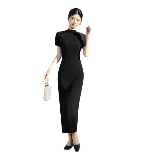 GX纯黑色改良新中式长款短袖旗袍2025春夏新款时尚大气日常可穿旗袍 商品图4