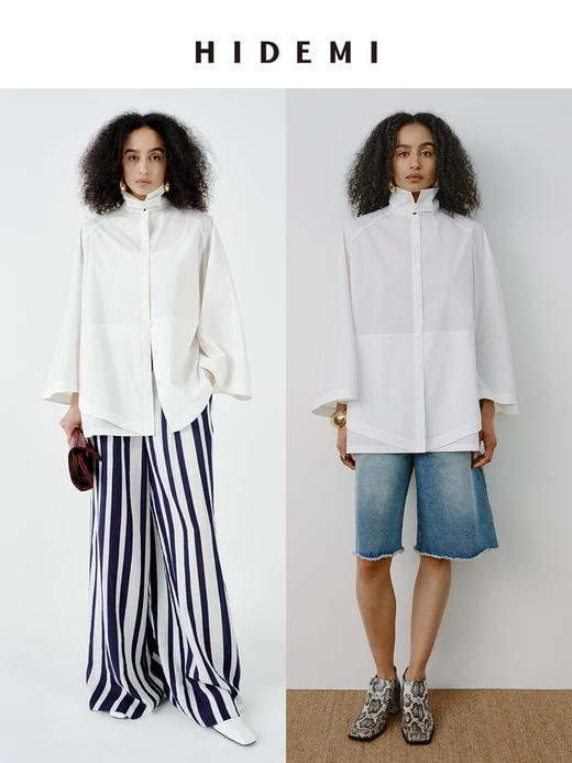 HIDEMI甄选长绒棉极简设计感飘领可立领斗篷式口袋8分袖衬衫上衣 商品图0
