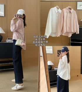 春新品超新颖工装风抽褶减龄前短后长衬衫