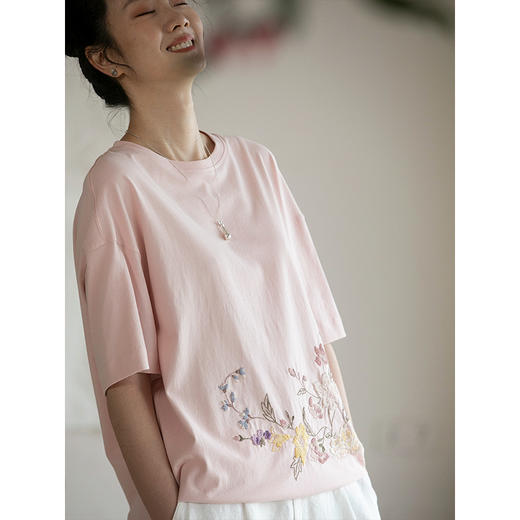 牧衣游原创 机绣纯棉T恤夏女舒适百搭简约休闲宽松圆领短袖 薄荷 商品图2