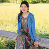 绽放旅行女装090朵/春夏亚麻团花印花圆领暗褶无袖背心文艺连衣裙 商品缩略图4