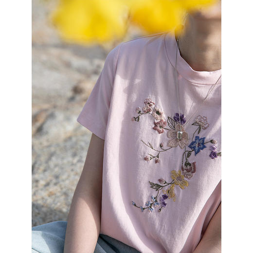 牧衣游原创 机绣纯棉T恤女夏新品舒适亲肤百搭简约圆领短袖 北初 商品图1