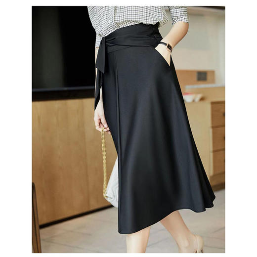 百媚生 黑色高腰遮胯显瘦系带中长款半身裙新款气质过膝裙子B802B 商品图2
