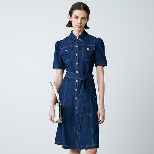 EITIE爱特爱夏季新款衬衫领复古文艺显瘦修身a字系带牛仔连衣裙7807509 商品图2
