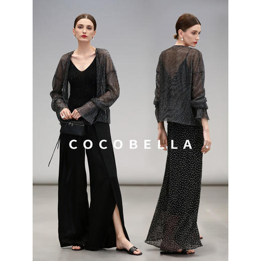 COCOBELLA银葱亮丝镂空微透视遮阳衫女通勤黑色小开衫LC606-2 商品图1