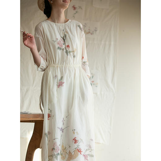 牧衣游原创 丝棉印花连衣裙圆领国画浪漫轻薄文艺气质长裙 梨云落 商品图1