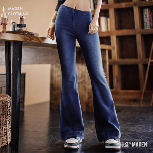 马登baby蓝斜腰cleanfit水洗微喇牛仔裤复古侧拉链微弹阔腿裤春女 商品图0