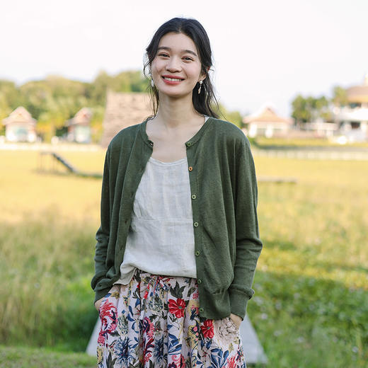 * 绽放087朵/元气针织衫亚麻棉圆领开门襟长袖短款防晒薄毛织开衫 商品图0