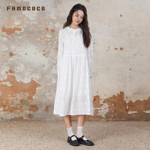 Famecoco原创纯棉刺绣印花长袖连衣裙花边领H型白月光FAB6FA020 商品图3