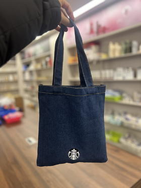 台湾星巴克2025经典丹宁缇花工艺绒布 手提书袋手提包