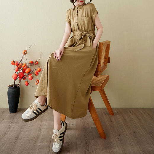 LZY9360棉麻连衣裙2025夏季新款文艺范纯色开衫裙时尚显瘦亚麻长裙 商品图2