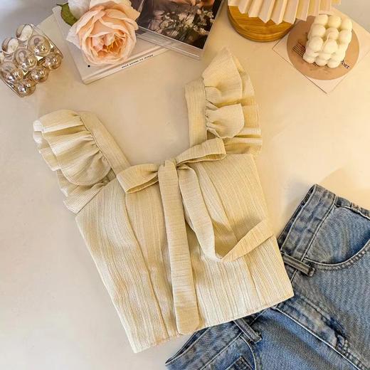 【法式木耳边小飞袖吊带】上身俏皮舒适，透气面料不易起球，露脐蝴蝶结系带显瘦百搭美背上衣女吊带QQ 商品图7