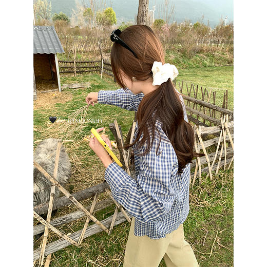 <曾小咸推荐>韩系慵懒宽松蓝色格子衬衫T恤裤子套装 商品图4