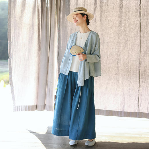 绽放旅行女装154朵/又见武士阔腿长裤孔雀蓝亚麻百搭宽松武士裤 商品图3