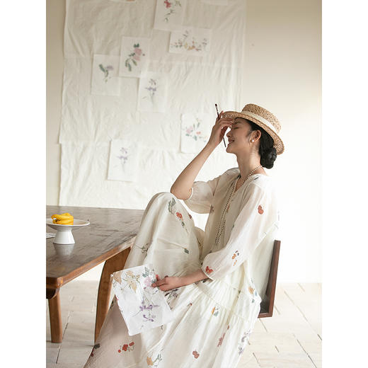 牧衣游原创 丝棉印花连衣裙国画文艺宽松长裙 谷韵 商品图3