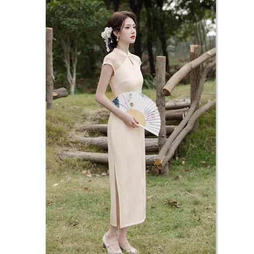 GX清纯素色长款提花连袖旗袍2025春夏新款复古国风年轻女士日常旗袍 商品图2