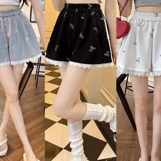 夏季【松紧腰蕾丝花边休闲裤】减龄蝴蝶结印花运动短裤 休闲阔腿热裤  商品图3