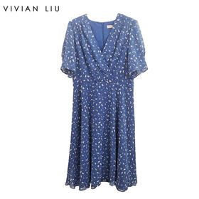VIVIAN LIU薇薇安刘TD2434116夏女装新款时尚V领蓝底印花连衣裙