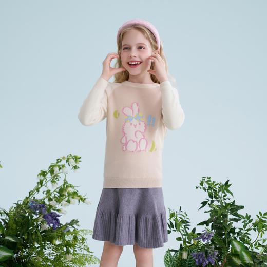 mettekids儿童100%羊绒衫2025春季新款可爱兔子女童圆领套头毛衣 商品图2