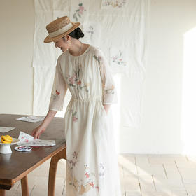 牧衣游原创 丝棉印花连衣裙圆领国画浪漫轻薄文艺气质长裙 梨云落