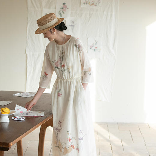 牧衣游原创 丝棉印花连衣裙圆领国画浪漫轻薄文艺气质长裙 梨云落 商品图0