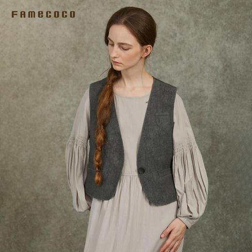 Famecoco文艺范儿深V领设计立体裁剪棉麻百搭马甲春FAC6CA012 商品图3