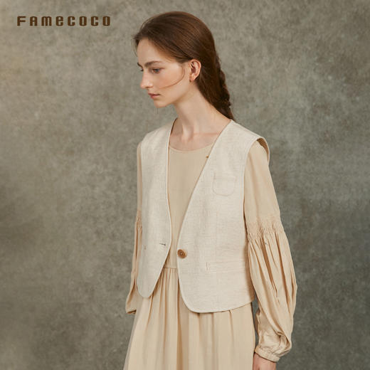 Famecoco文艺范儿深V领设计立体裁剪棉麻百搭马甲春FAC6CA012 商品图1