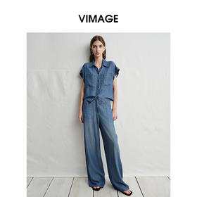 VIMAGE纬漫纪复古港风牛仔蓝短袖衬衫宽松上衣2025夏季新款V2313923