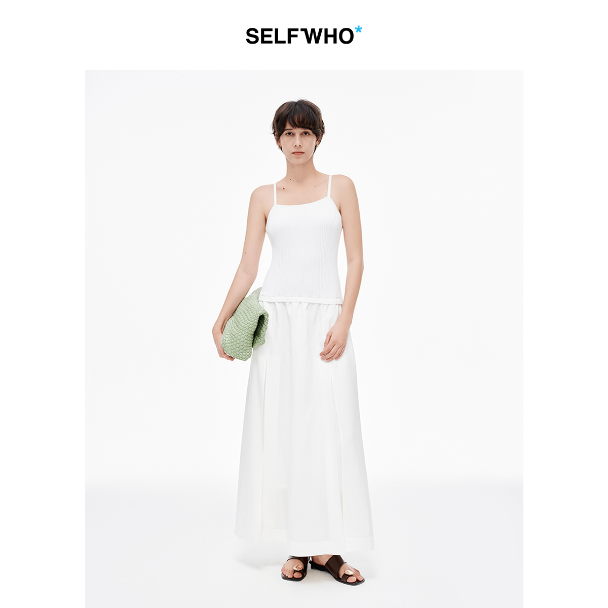 SELFWHO莱赛尔混纺针织拼接吊带裙女2025夏季坑条修身显瘦连衣裙