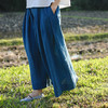 绽放旅行女装154朵/又见武士阔腿长裤孔雀蓝亚麻百搭宽松武士裤 商品缩略图0