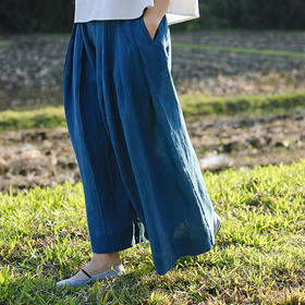 绽放旅行女装154朵/又见武士阔腿长裤孔雀蓝亚麻百搭宽松武士裤