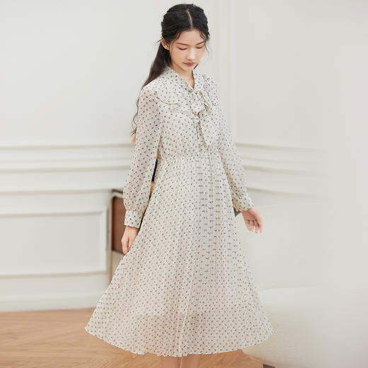 Famecoco荷叶领碎花温柔长袖高腰过膝连衣裙F225FA012 商品图4