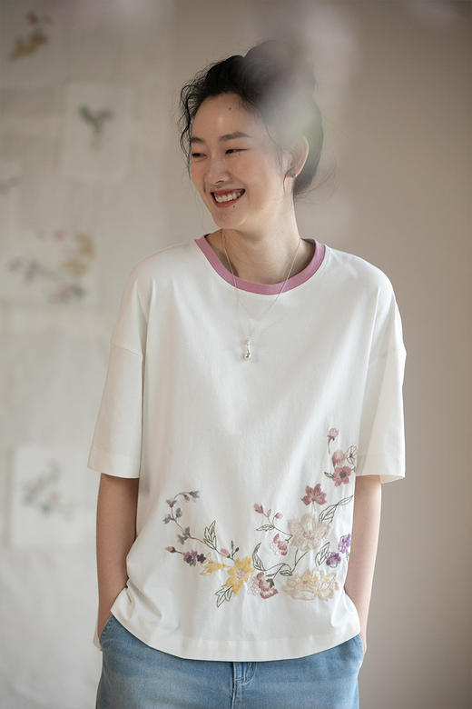 牧衣游原创 机绣纯棉T恤夏女舒适百搭简约休闲宽松圆领短袖 薄荷 商品图5
