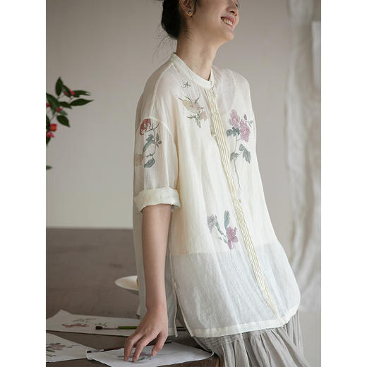 牧衣游原创 手工刺绣苎麻衬衫新款细腻轻薄百搭国画文艺衬衣 绿野 商品图1